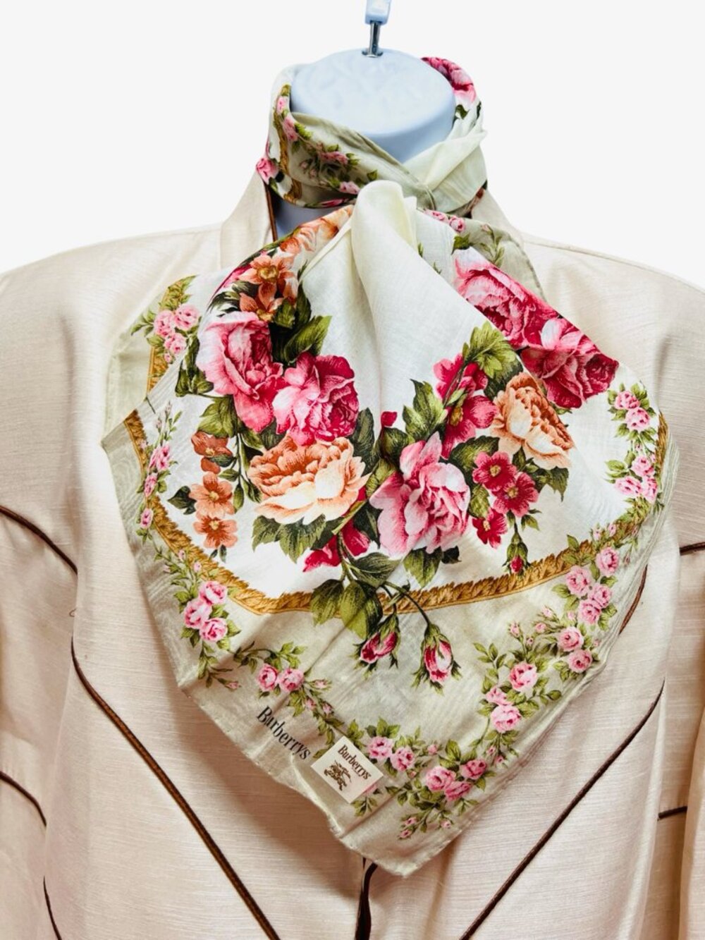 New   Burberry Neck-handker /Mini Scarf 21" Cotton Olive Gray Floral Check(78 - Picture 5 of 13